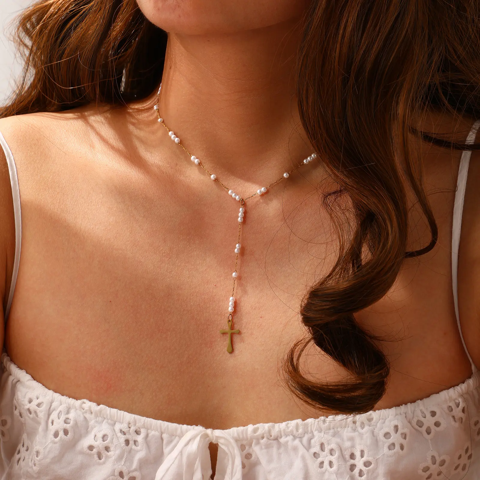 304 Stainless Steel Cross Pendant Necklace 18K Real Gold Plated Link Cable Chain Prayer Beads Rosary Y Shape Drop Necklace