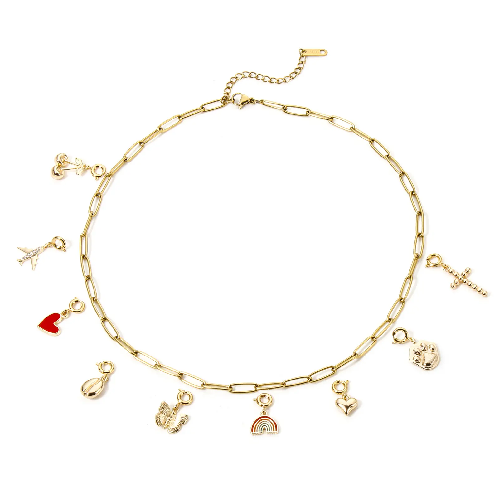 1 Piece Brass Charms 18K Real Gold Plated With Spring Ring Clasp Cherry Heart Rainbow Pendant For DIY Neckalce Bracelet Making