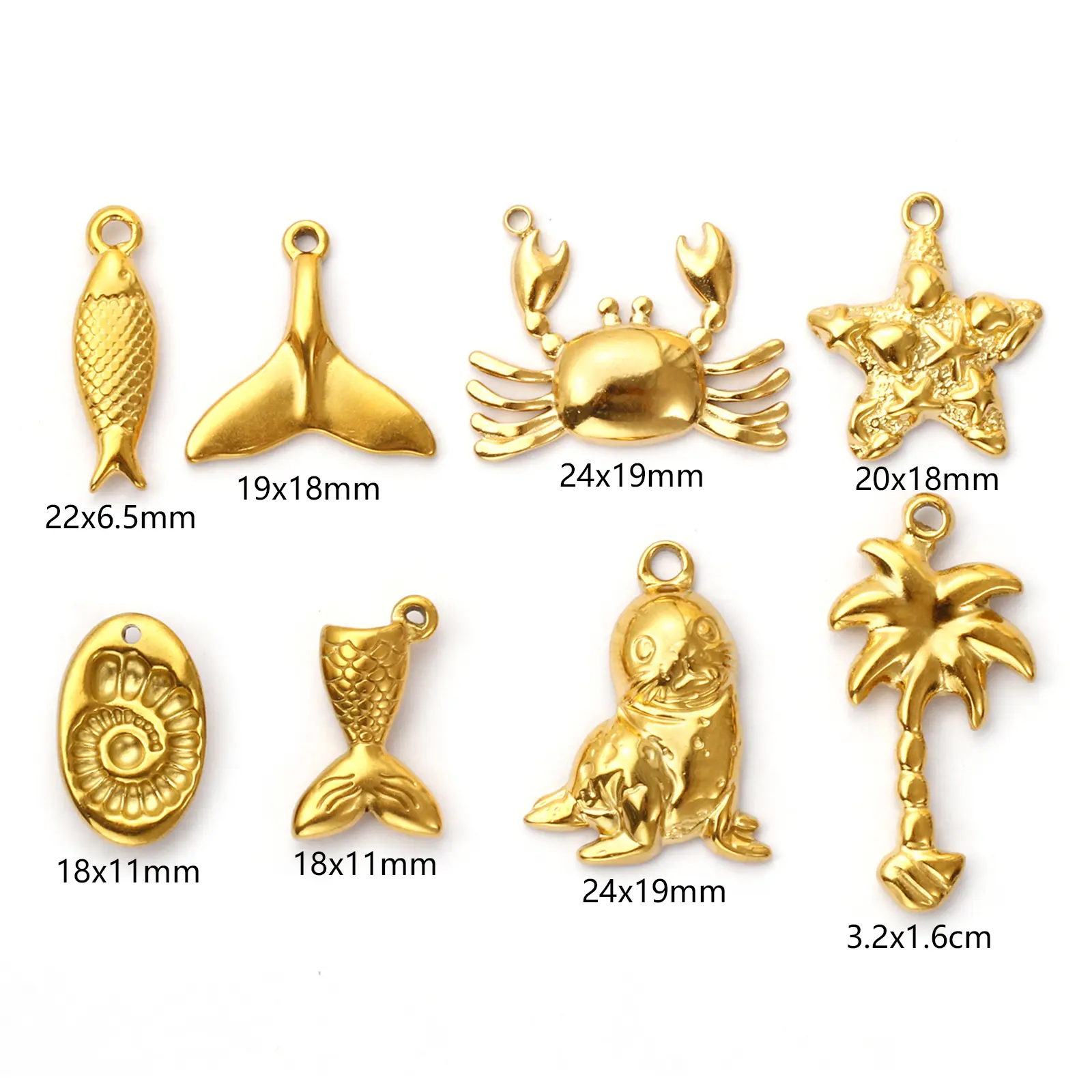 2 Pcs 304 Stainless Steel Ocean Charms 18K Gold Plated Starfish Conch Seal Coconut Tree Pendants For DIY Necklace Jewelry Making