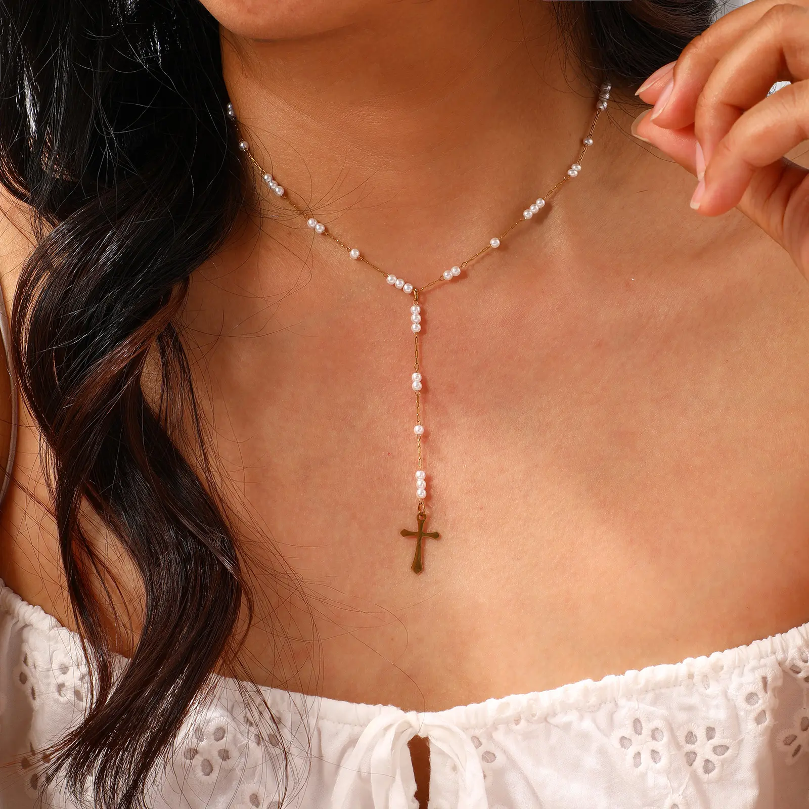 304 Stainless Steel Cross Pendant Necklace 18K Real Gold Plated Link Cable Chain Prayer Beads Rosary Y Shape Drop Necklace