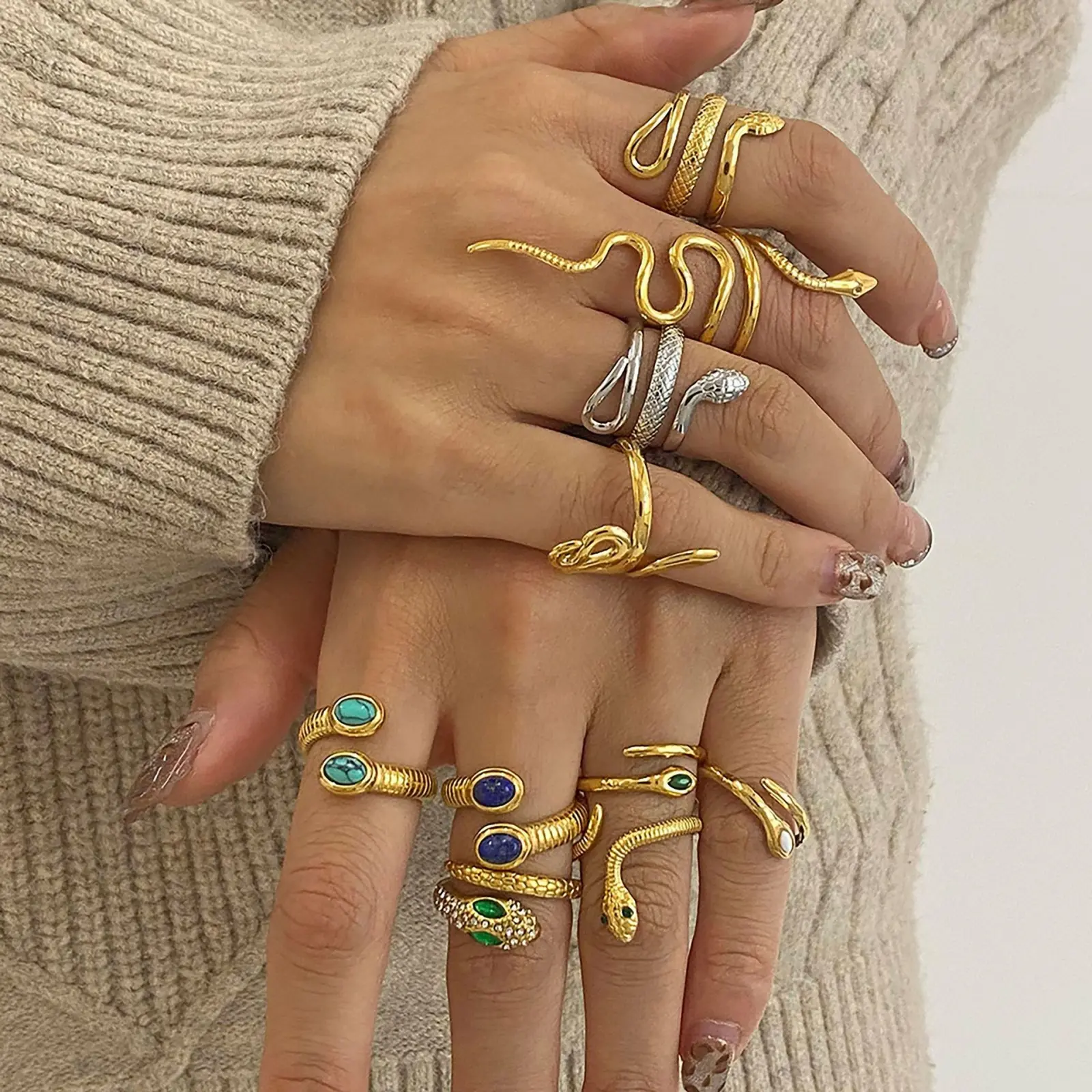 Retro Real Gold Plated 304 Stainless Steel Open Snake Animal Wrap Rings Unisex Party For Women Men Party Gifts, 1 Piece