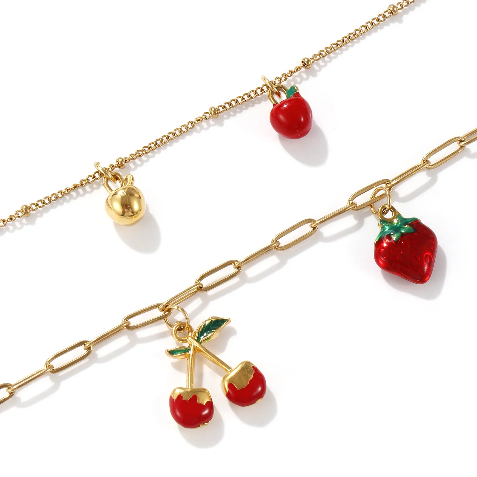 1 Piece Cute 304 Stainless Steel Necklace 18K Real Gold Plated Red Fruit Enamel Apple Cherry Pendant Necklace For Women Gift