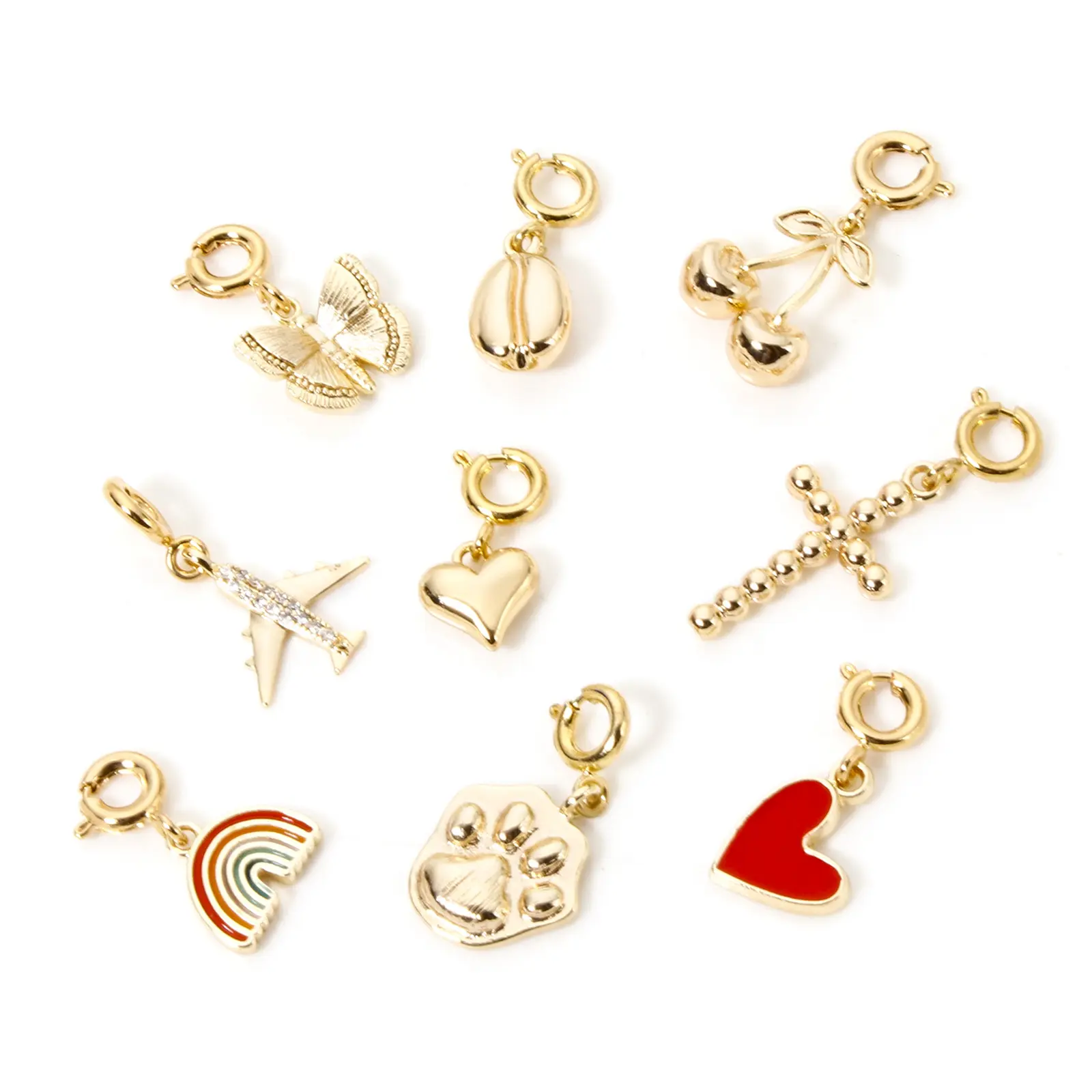 1 Piece Brass Charms 18K Real Gold Plated With Spring Ring Clasp Cherry Heart Rainbow Pendant For DIY Neckalce Bracelet Making