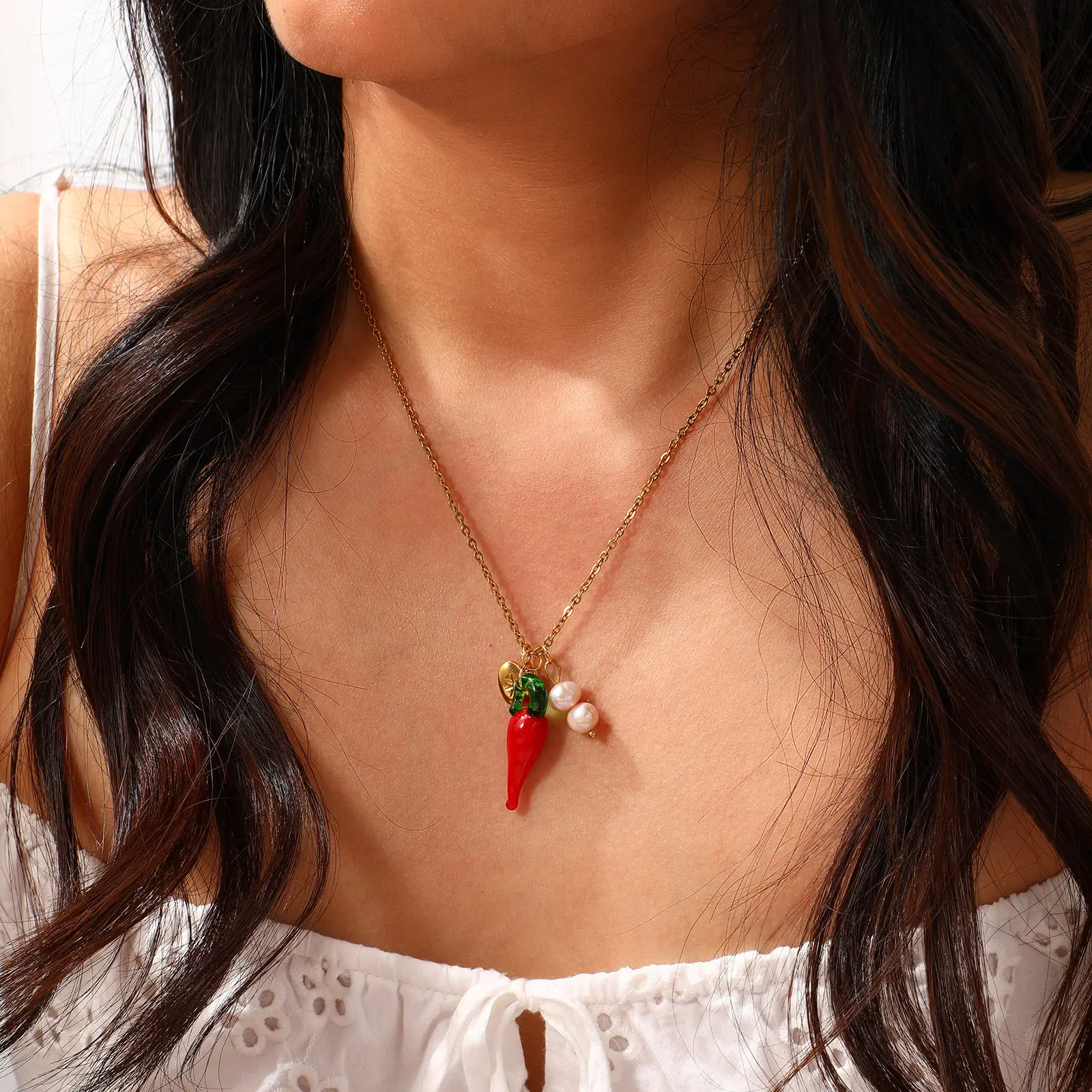 1 Piece Cute 304 Stainless Steel Link Cable Chain Red Lampwork Glass Chili Heart Pendant Charm Necklace For Women Gift