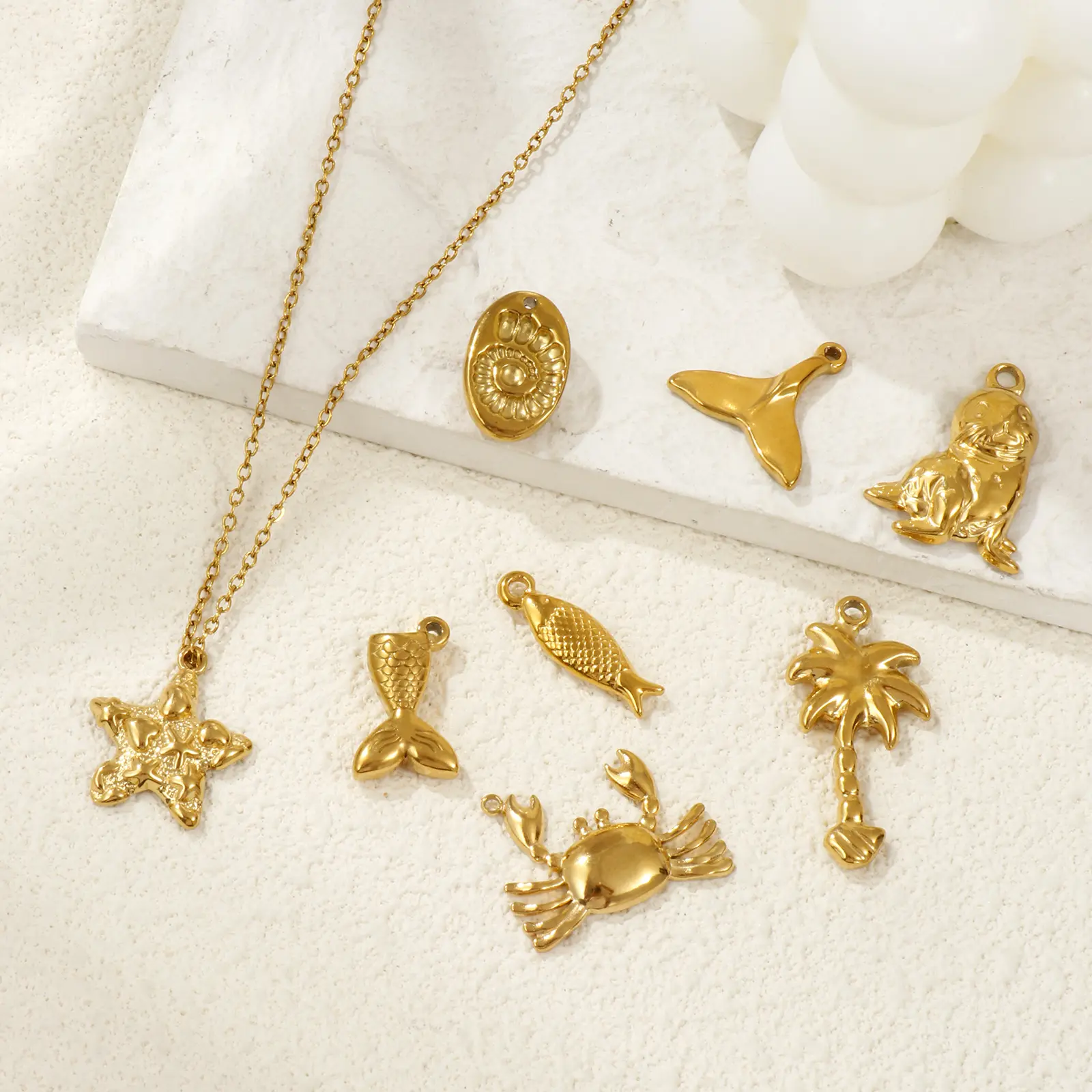 2 Pcs 304 Stainless Steel Ocean Charms 18K Gold Plated Starfish Conch Seal Coconut Tree Pendants For DIY Necklace Jewelry Making