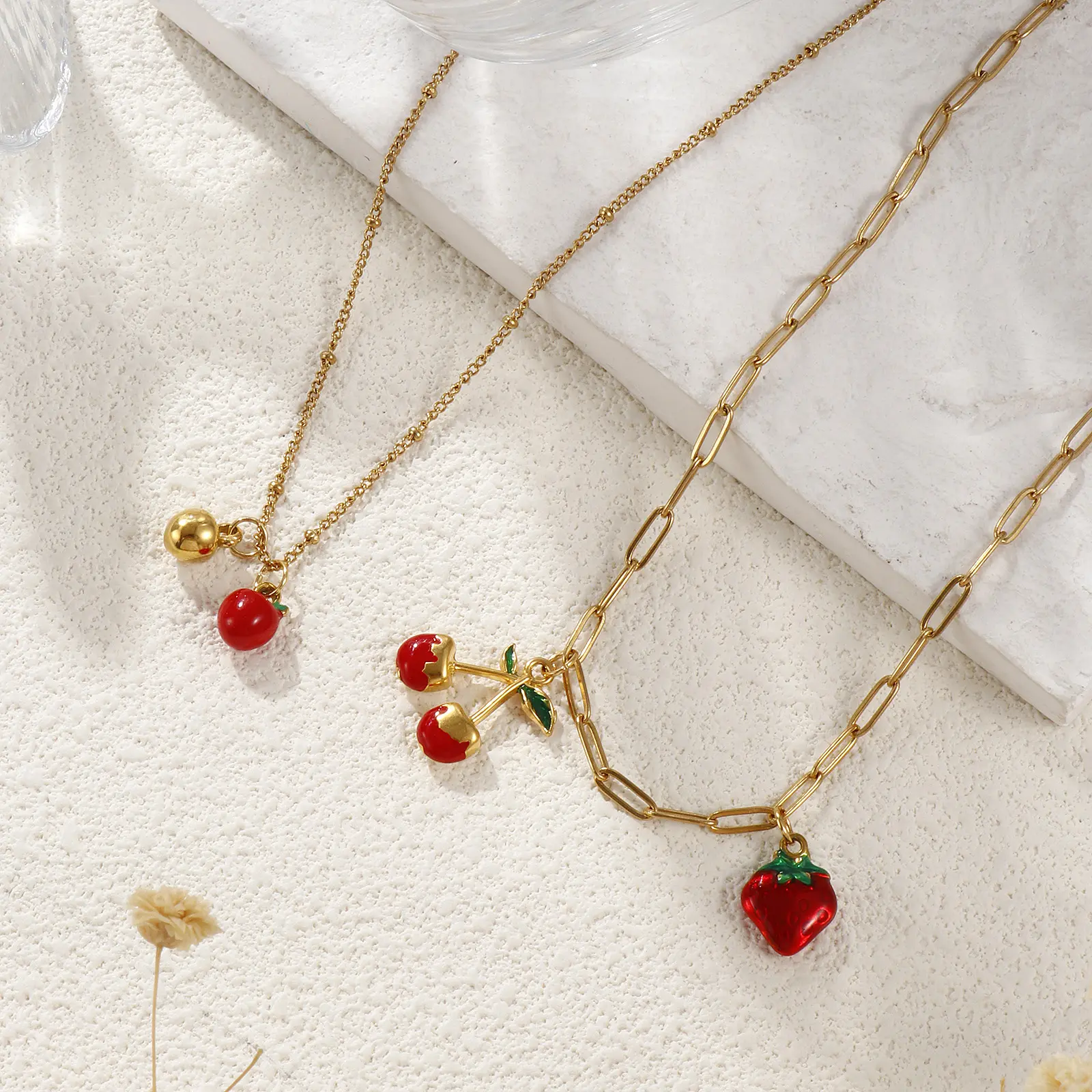 1 Piece Cute 304 Stainless Steel Necklace 18K Real Gold Plated Red Fruit Enamel Apple Cherry Pendant Necklace For Women Gift