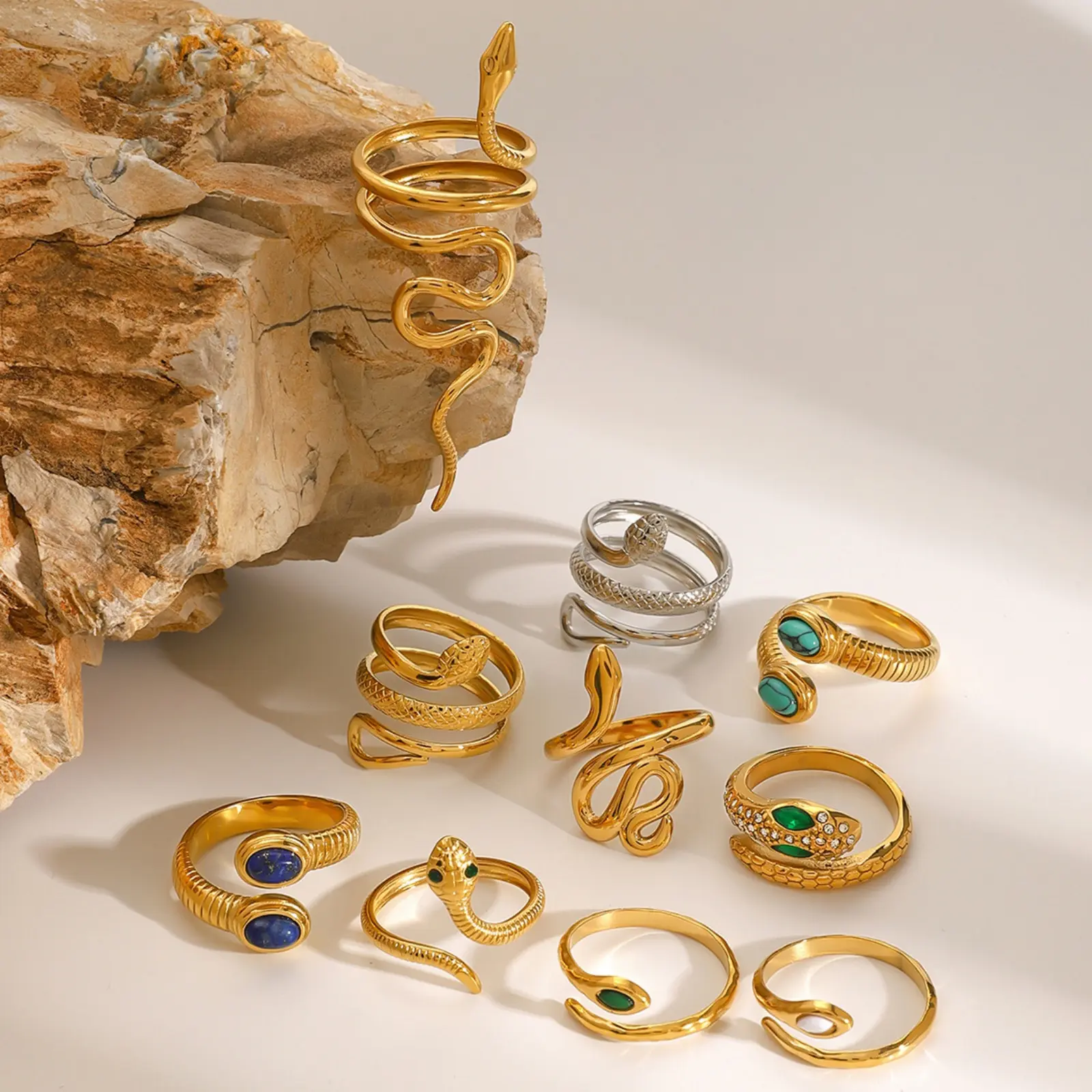 Retro Real Gold Plated 304 Stainless Steel Open Snake Animal Wrap Rings Unisex Party For Women Men Party Gifts, 1 Piece