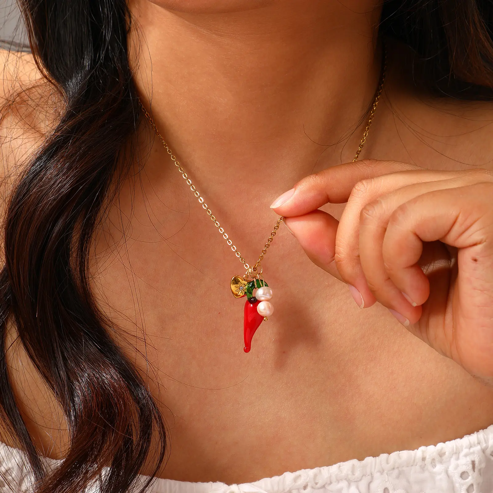 1 Piece Cute 304 Stainless Steel Link Cable Chain Red Lampwork Glass Chili Heart Pendant Charm Necklace For Women Gift