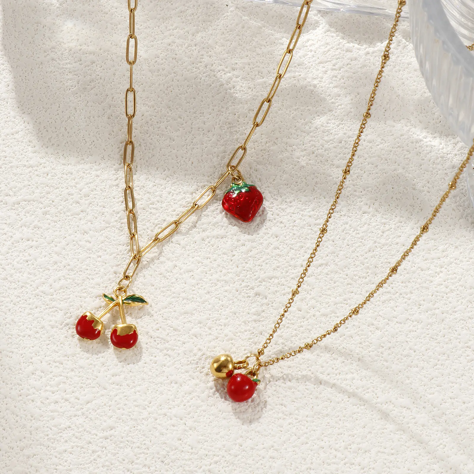 1 Piece Cute 304 Stainless Steel Necklace 18K Real Gold Plated Red Fruit Enamel Apple Cherry Pendant Necklace For Women Gift