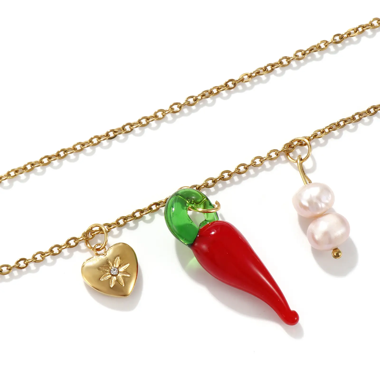 1 Piece Cute 304 Stainless Steel Link Cable Chain Red Lampwork Glass Chili Heart Pendant Charm Necklace For Women Gift