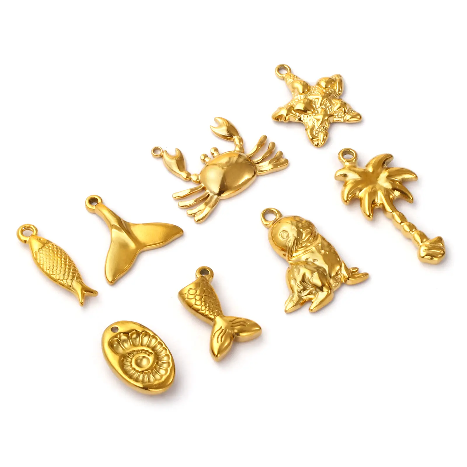 2 Pcs 304 Stainless Steel Ocean Charms 18K Gold Plated Starfish Conch Seal Coconut Tree Pendants For DIY Necklace Jewelry Making