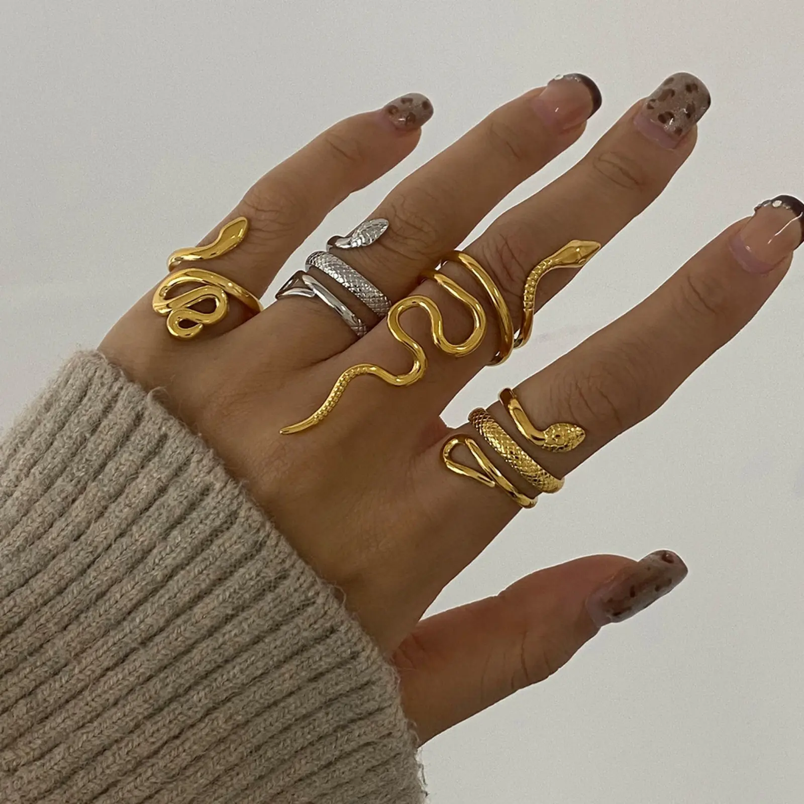 Retro Real Gold Plated 304 Stainless Steel Open Snake Animal Wrap Rings Unisex Party For Women Men Party Gifts, 1 Piece