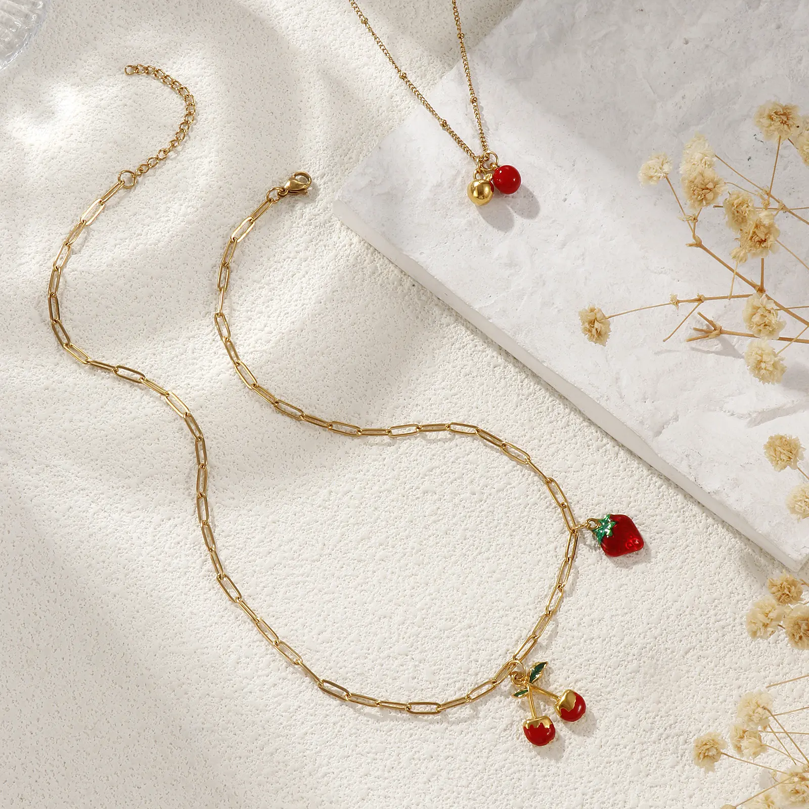 1 Piece Cute 304 Stainless Steel Necklace 18K Real Gold Plated Red Fruit Enamel Apple Cherry Pendant Necklace For Women Gift