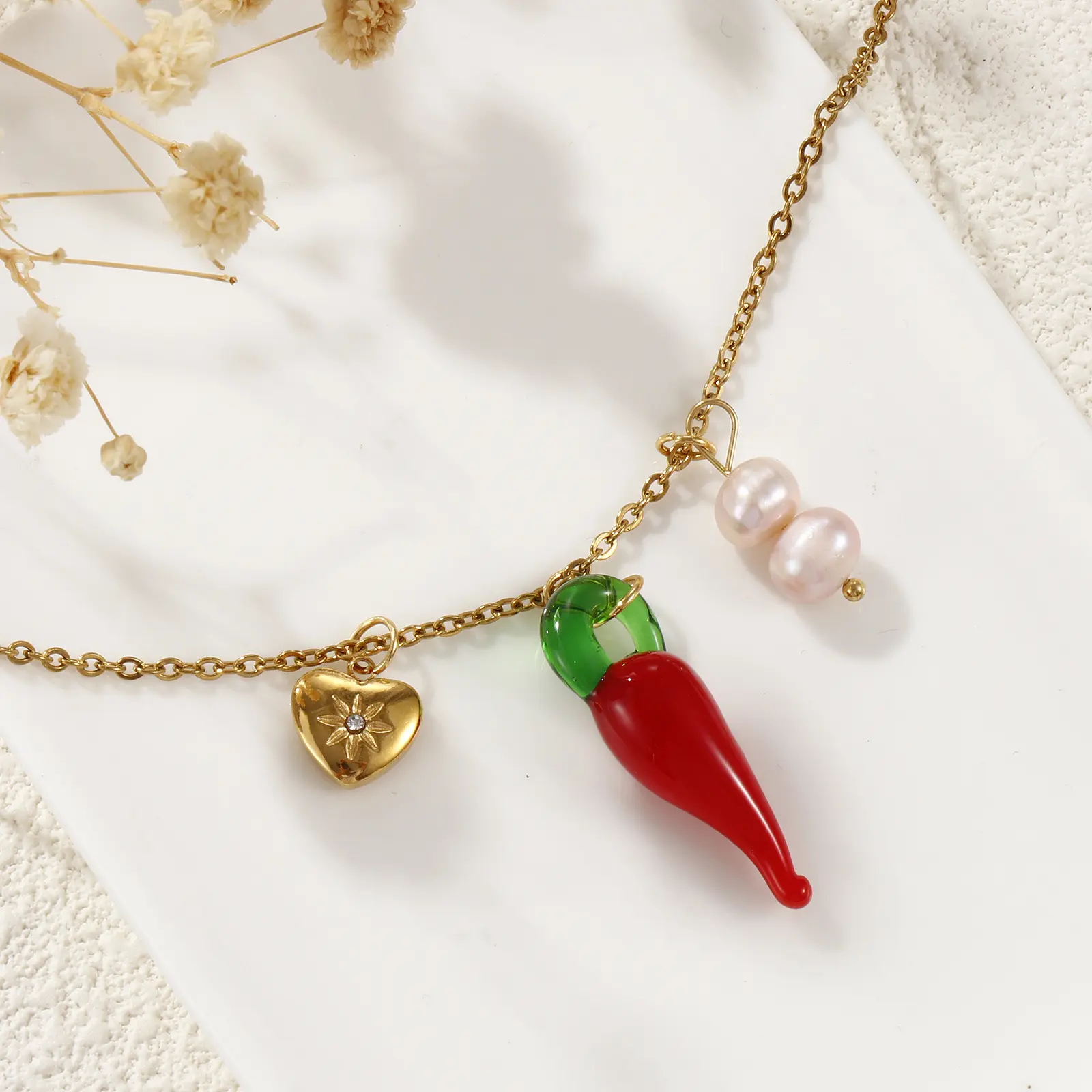 1 Piece Cute 304 Stainless Steel Link Cable Chain Red Lampwork Glass Chili Heart Pendant Charm Necklace For Women Gift