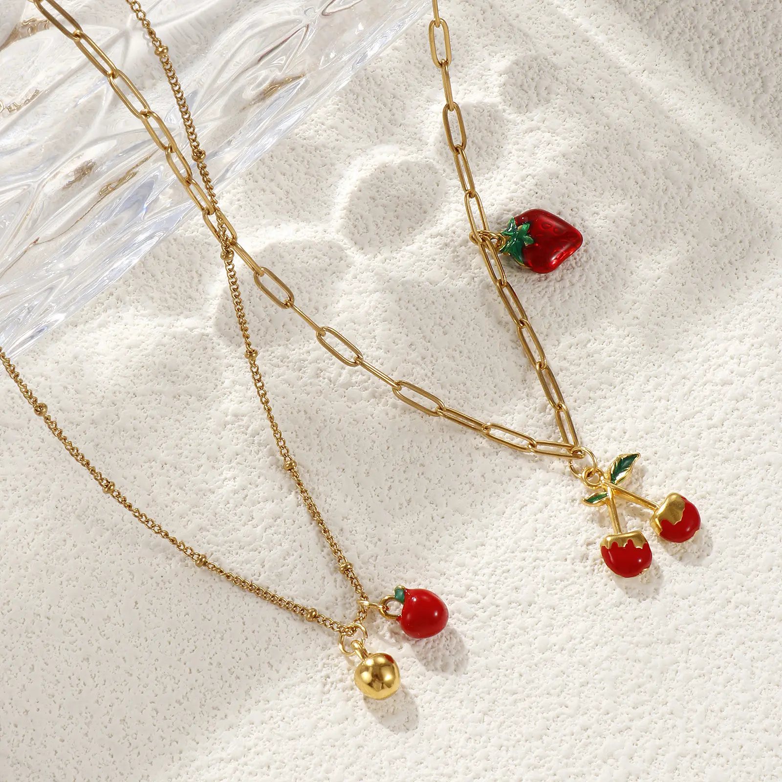 1 Piece Cute 304 Stainless Steel Necklace 18K Real Gold Plated Red Fruit Enamel Apple Cherry Pendant Necklace For Women Gift