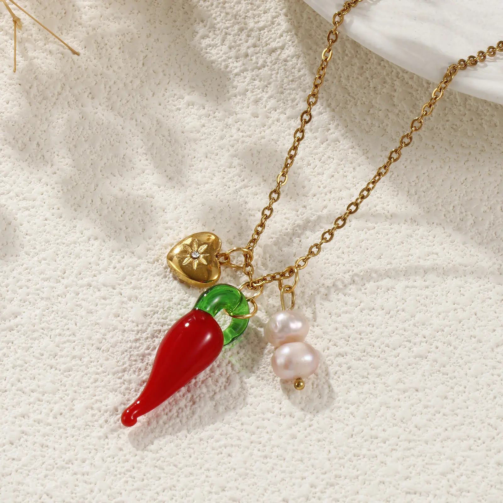 1 Piece Cute 304 Stainless Steel Link Cable Chain Red Lampwork Glass Chili Heart Pendant Charm Necklace For Women Gift