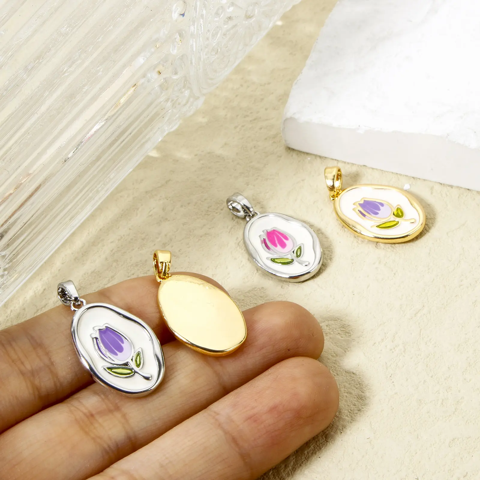 2 Piece Brass Charm Pendant Real Gold Plated Enamel Oval Tulip Flower Enamel Charms For DIY Necklace Jewelry Making