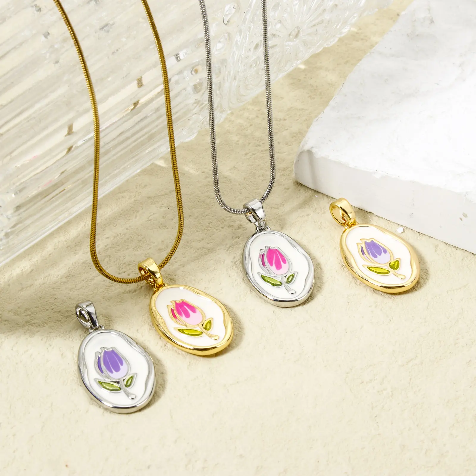 2 Piece Brass Charm Pendant Real Gold Plated Enamel Oval Tulip Flower Enamel Charms For DIY Necklace Jewelry Making