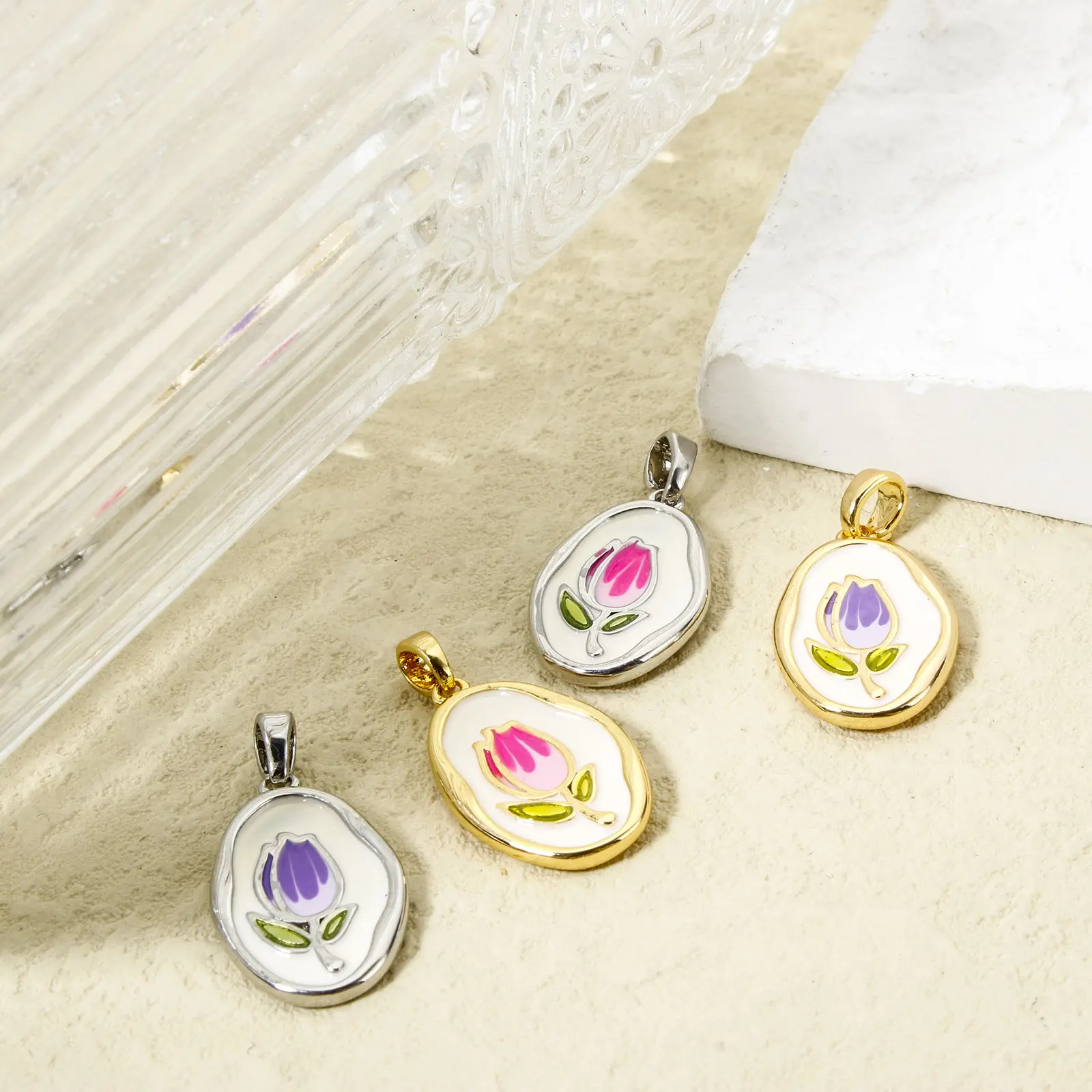 2 Piece Brass Charm Pendant Real Gold Plated Enamel Oval Tulip Flower Enamel Charms For DIY Necklace Jewelry Making