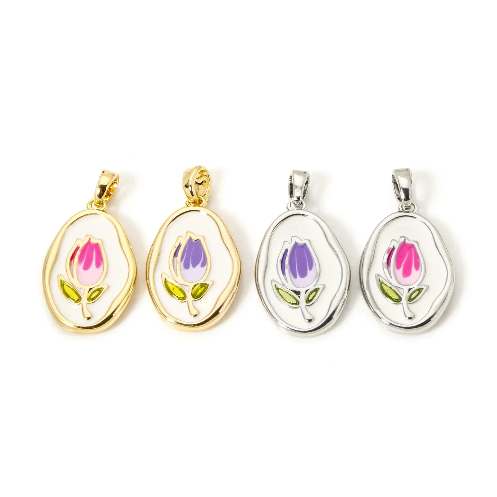 2 Piece Brass Charm Pendant Real Gold Plated Enamel Oval Tulip Flower Enamel Charms For DIY Necklace Jewelry Making