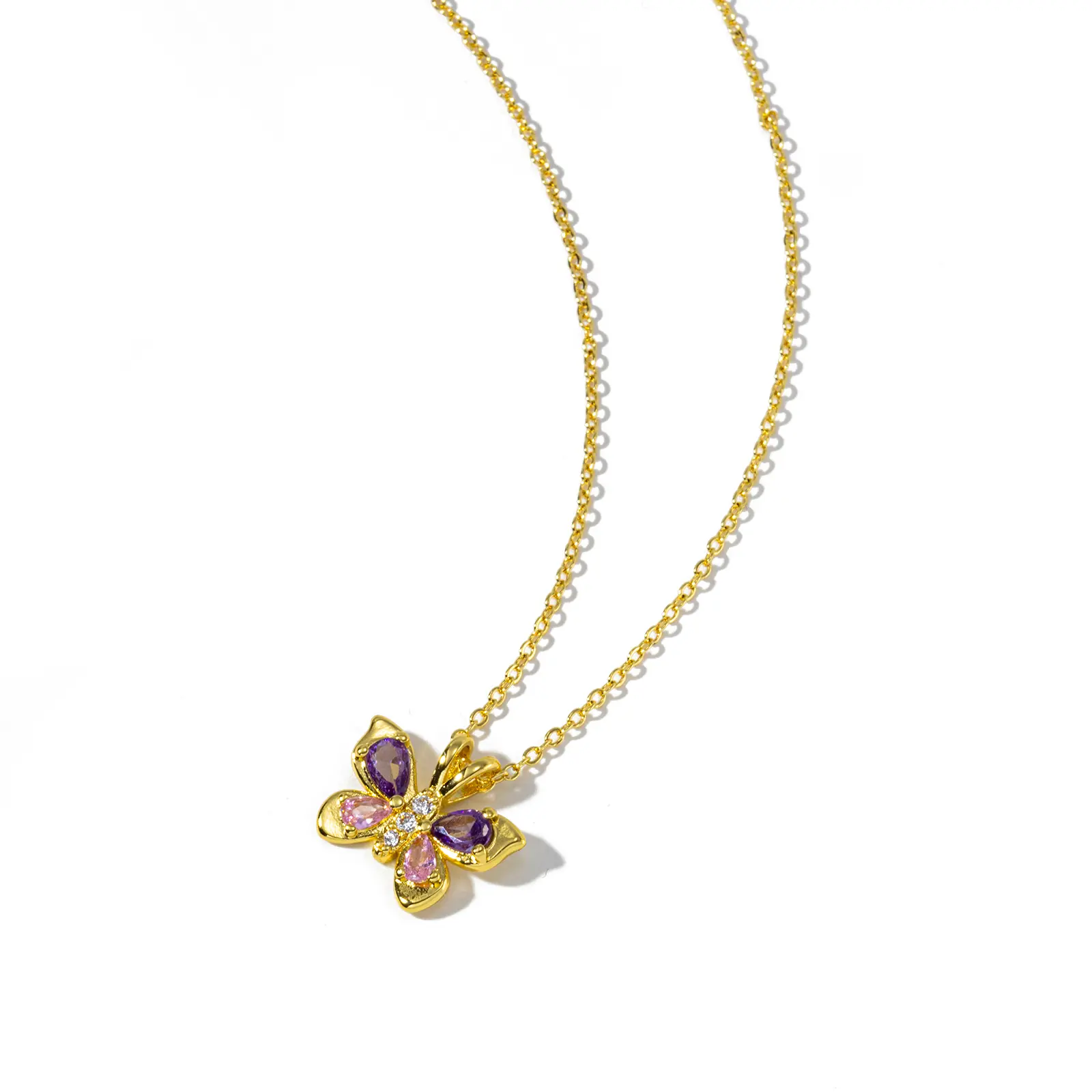 1 Piece Butterfly Pendant Necklace 18K Real Gold Plated Brass & Cubic Zirconia Link Cable Chain Necklaces For Women Choker Gift