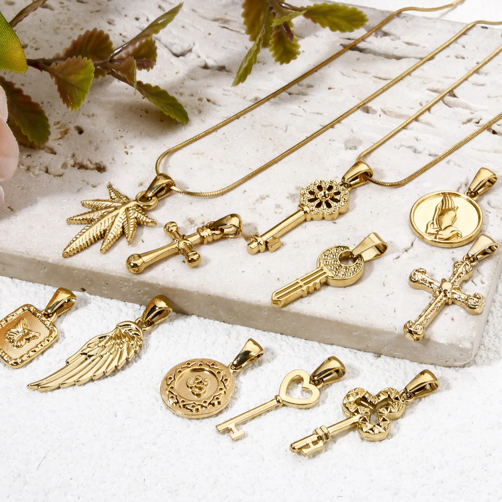 2 PCs 304 Stainless Steel Retro Charm Gold Plated Key Cross Wing Butterfly Pendant For DIY Necklace Bracelet Jewelry Making