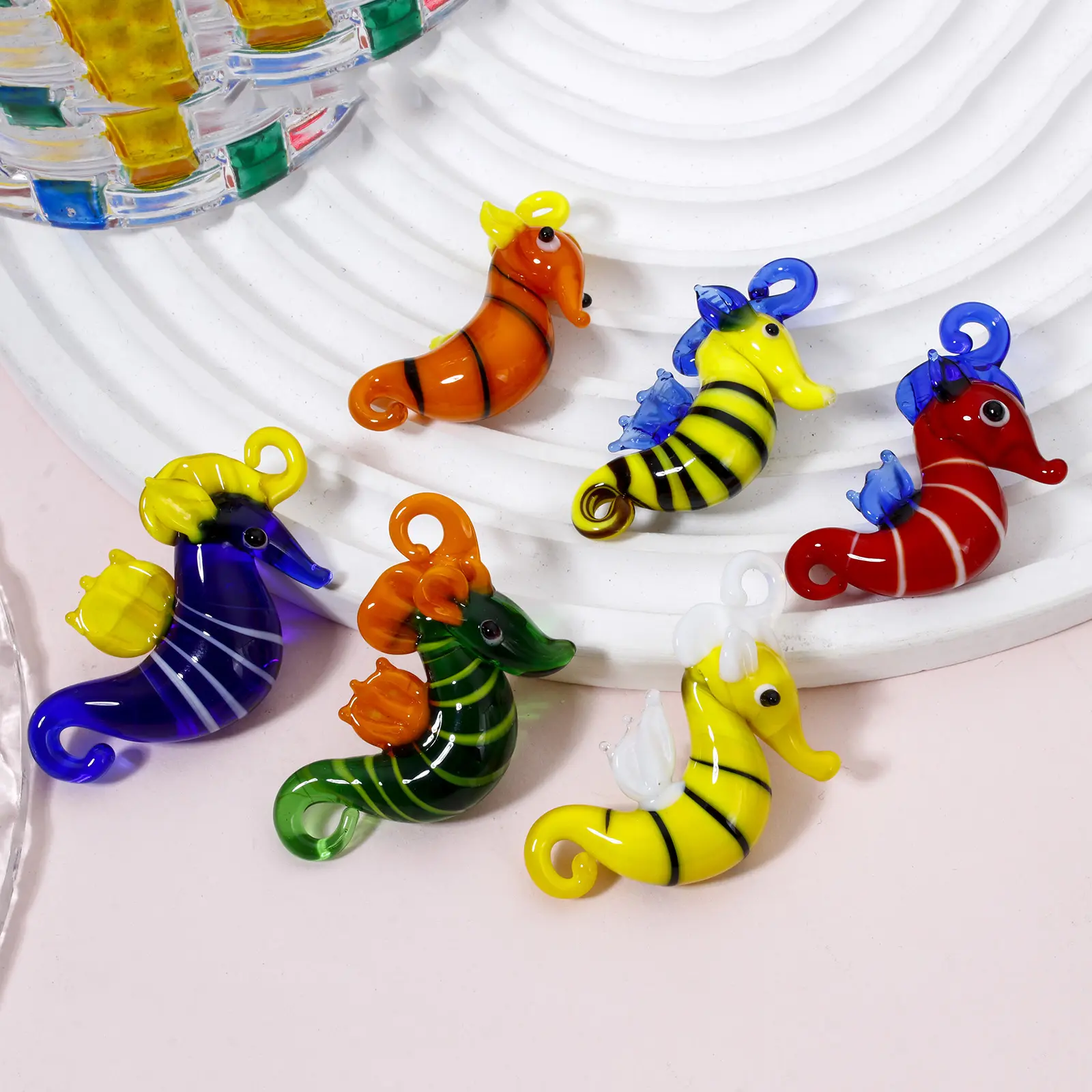 1 Piece Cute 3D Seahorse Lampwork Glass Ocean For DIY Jewelry Pendants Animal Stripe Aquarium Decor Craft Ornaments 4.2cm x 3cm