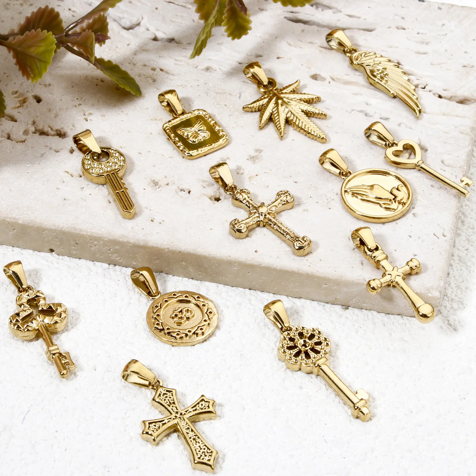 2 PCs 304 Stainless Steel Retro Charm Gold Plated Key Cross Wing Butterfly Pendant For DIY Necklace Bracelet Jewelry Making