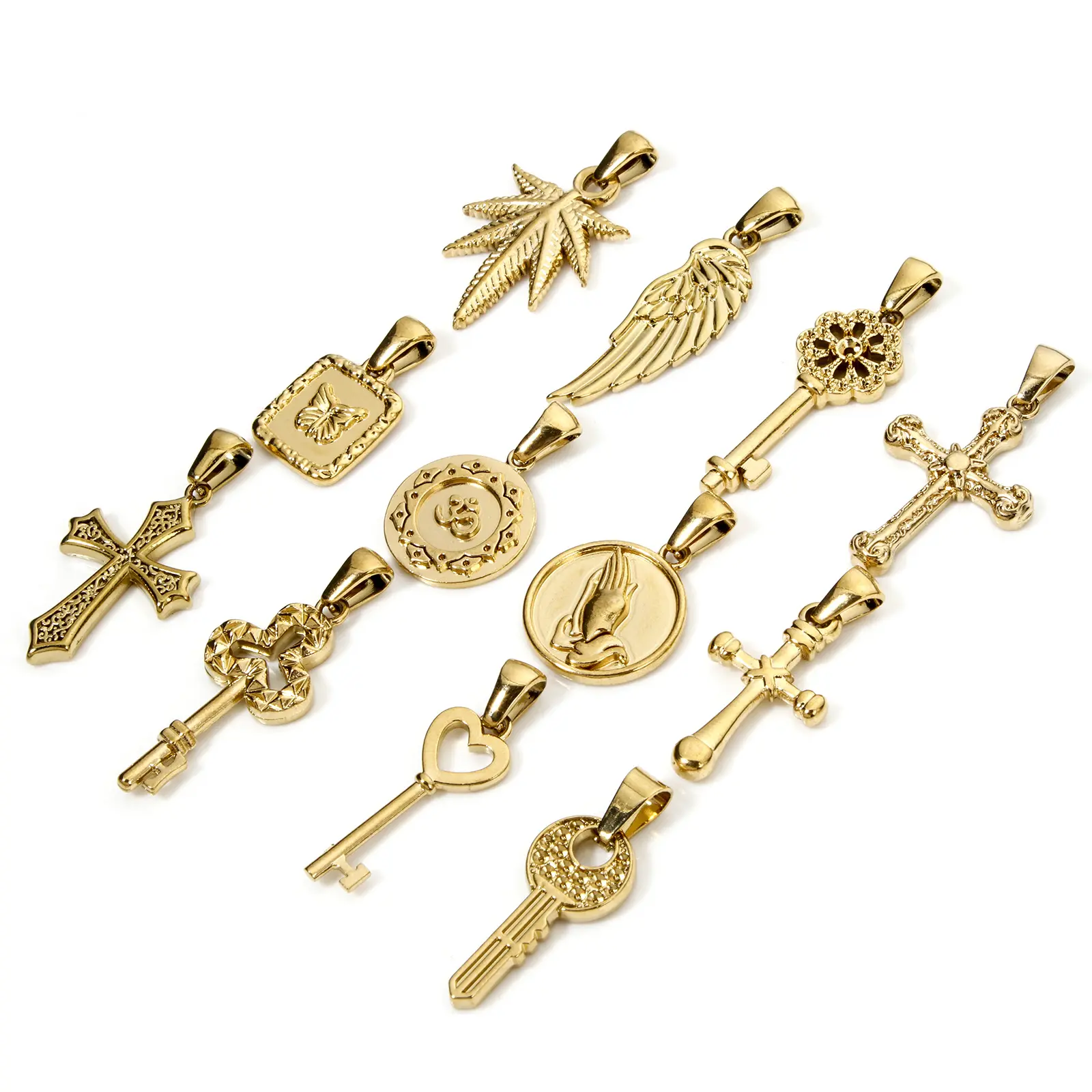2 PCs 304 Stainless Steel Retro Charm Gold Plated Key Cross Wing Butterfly Pendant For DIY Necklace Bracelet Jewelry Making