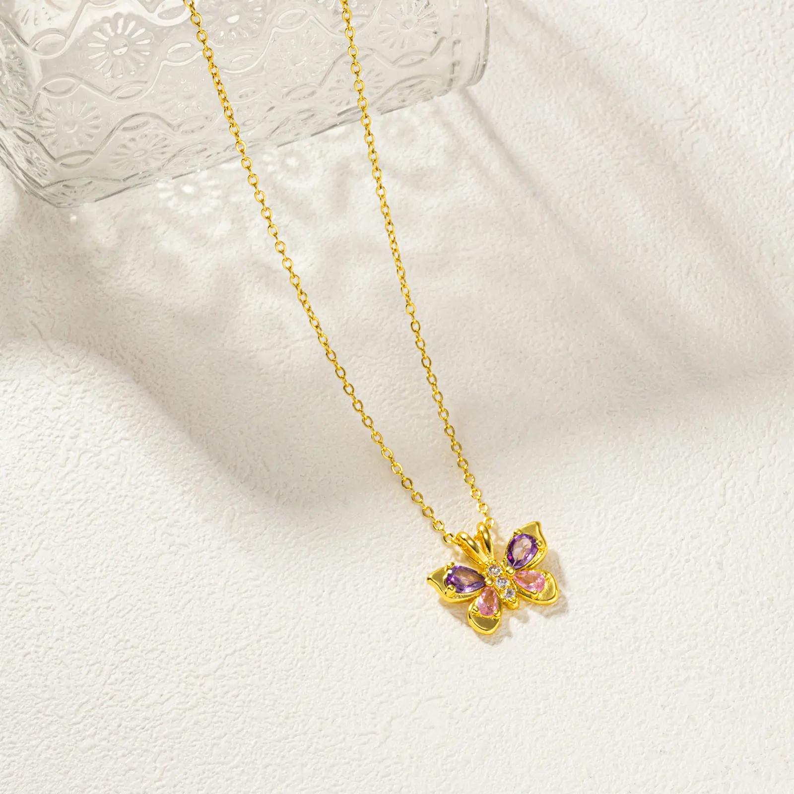 1 Piece Butterfly Pendant Necklace 18K Real Gold Plated Brass & Cubic Zirconia Link Cable Chain Necklaces For Women Choker Gift