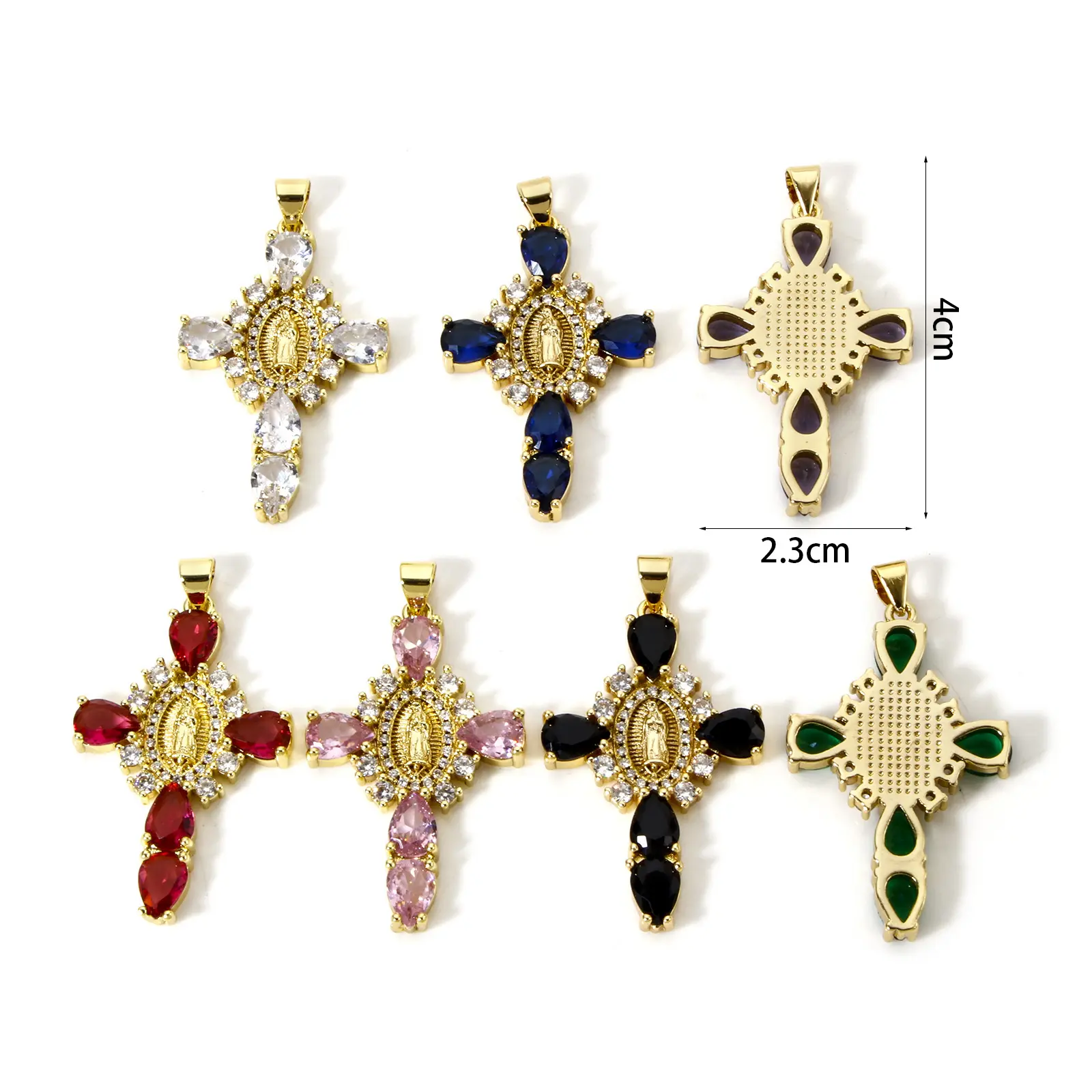 1 Piece Brass Religious Pendants 18K Real Gold Plated Cross Virgin Mary Clear Cubic Zirconia Charms For Diy Necklace 4cm x 2.3cm