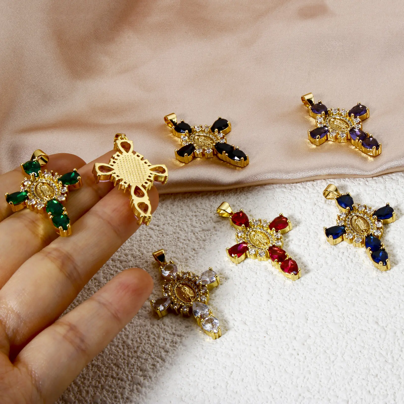 1 Piece Brass Religious Pendants 18K Real Gold Plated Cross Virgin Mary Clear Cubic Zirconia Charms For Diy Necklace 4cm x 2.3cm
