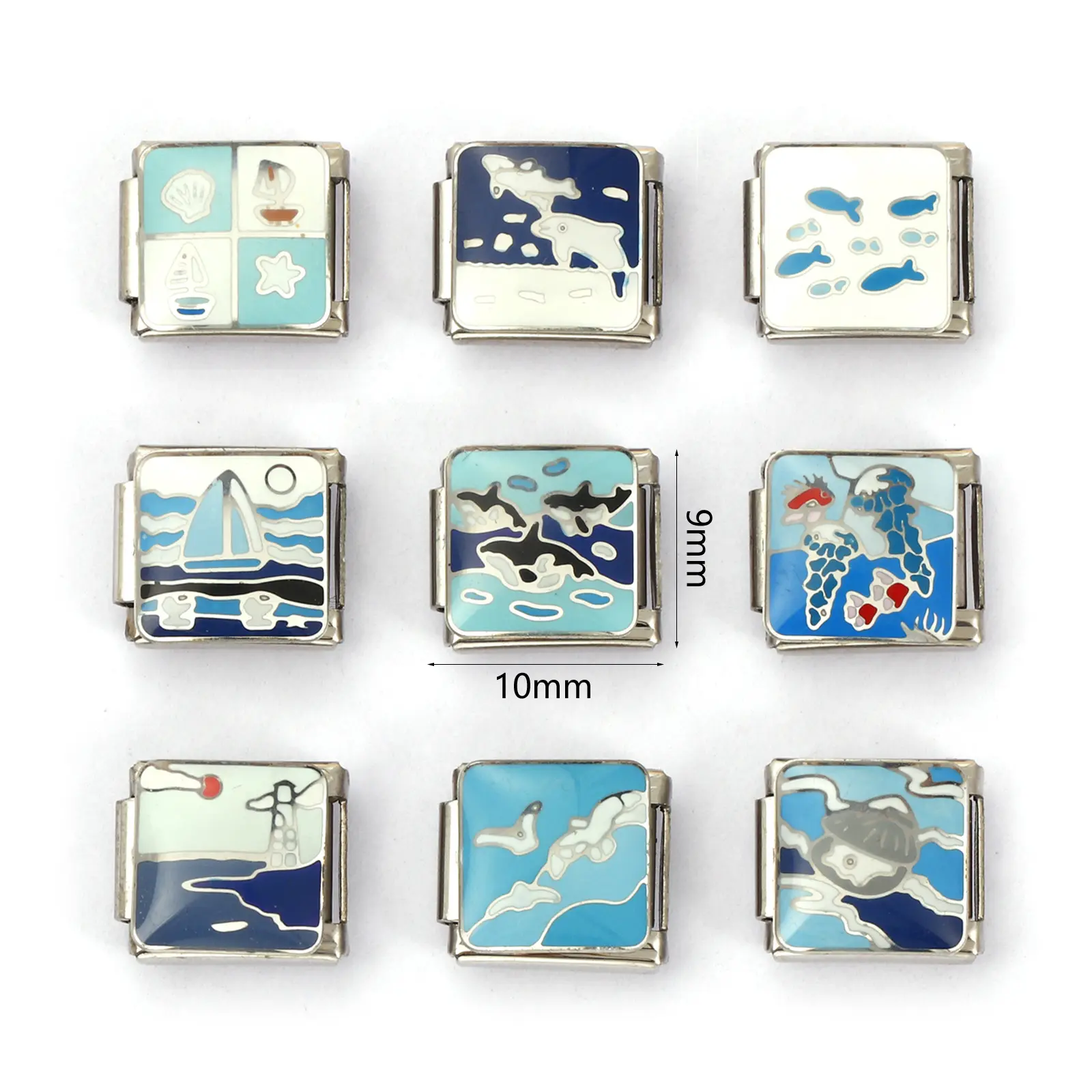 2 PCs Stainless Steel Ocean Jewelry Italian Charm Links Fit 9mm For DIY Bracelet Jewelry Making Rectangle Sailing Boat Dolphin