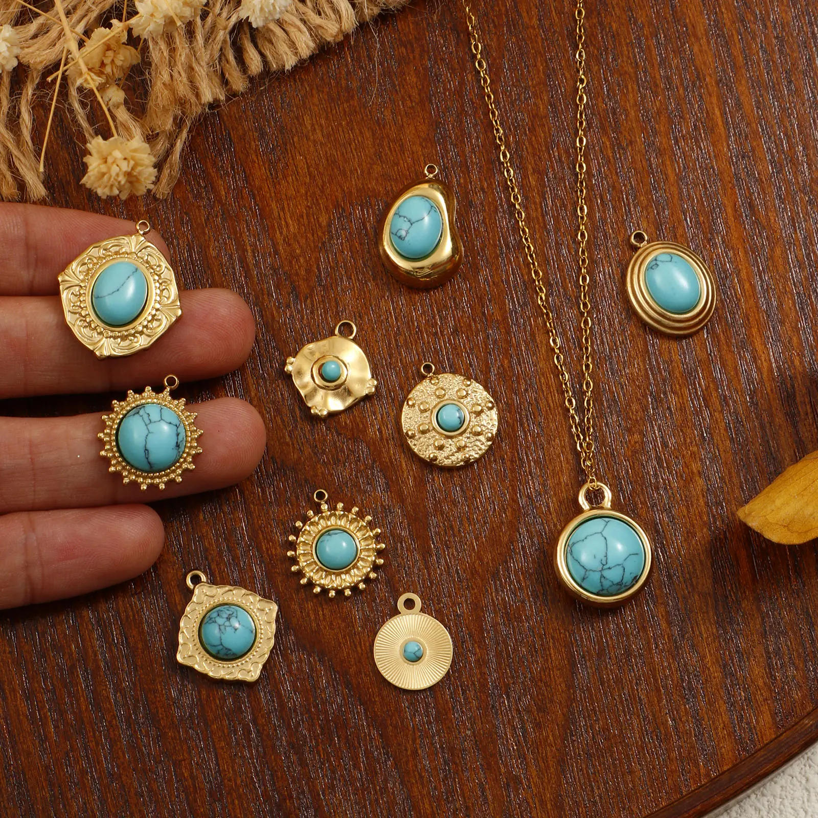 1 Piece 304 Stainless Steel Bohemia Charms 18K Real Gold Plated Green Blue Resin Stone Pendant For DIY Necklace Jewelry Making