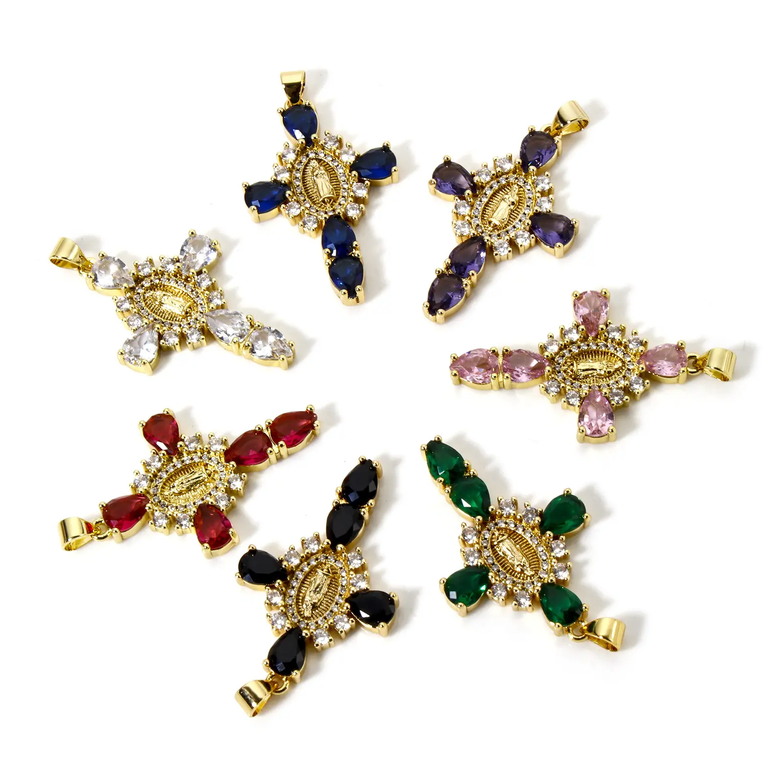 1 Piece Brass Religious Pendants 18K Real Gold Plated Cross Virgin Mary Clear Cubic Zirconia Charms For Diy Necklace 4cm x 2.3cm