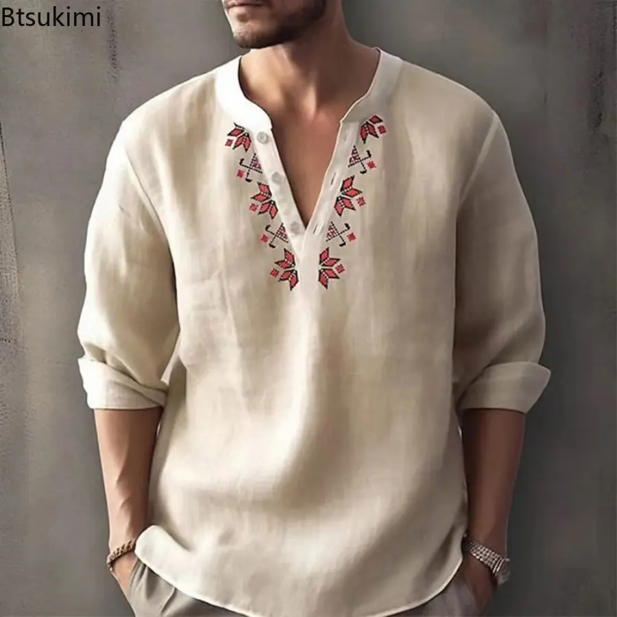 Fashion New Men's Stand Collar Long-sleeved Beach Shirts Breathable Cotton Linen Loose Casual Tops Vintage Print Pullovers Male