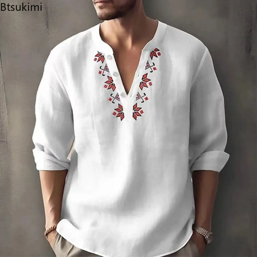 Fashion New Men's Stand Collar Long-sleeved Beach Shirts Breathable Cotton Linen Loose Casual Tops Vintage Print Pullovers Male