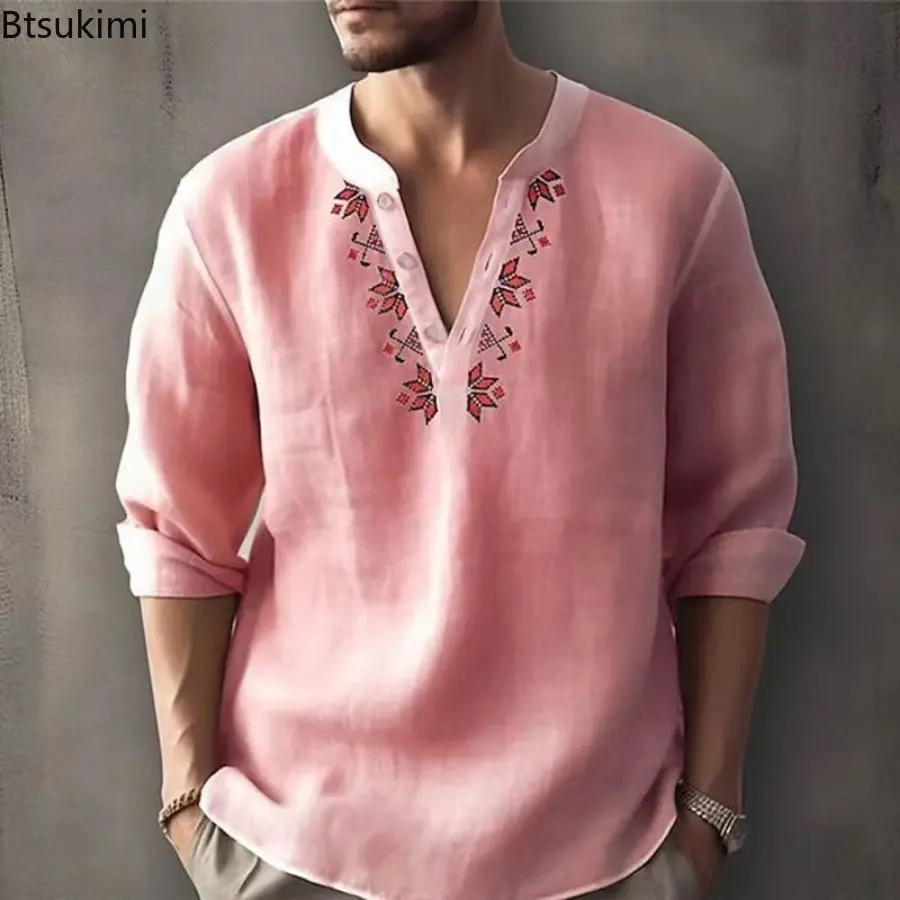 Fashion New Men's Stand Collar Long-sleeved Beach Shirts Breathable Cotton Linen Loose Casual Tops Vintage Print Pullovers Male