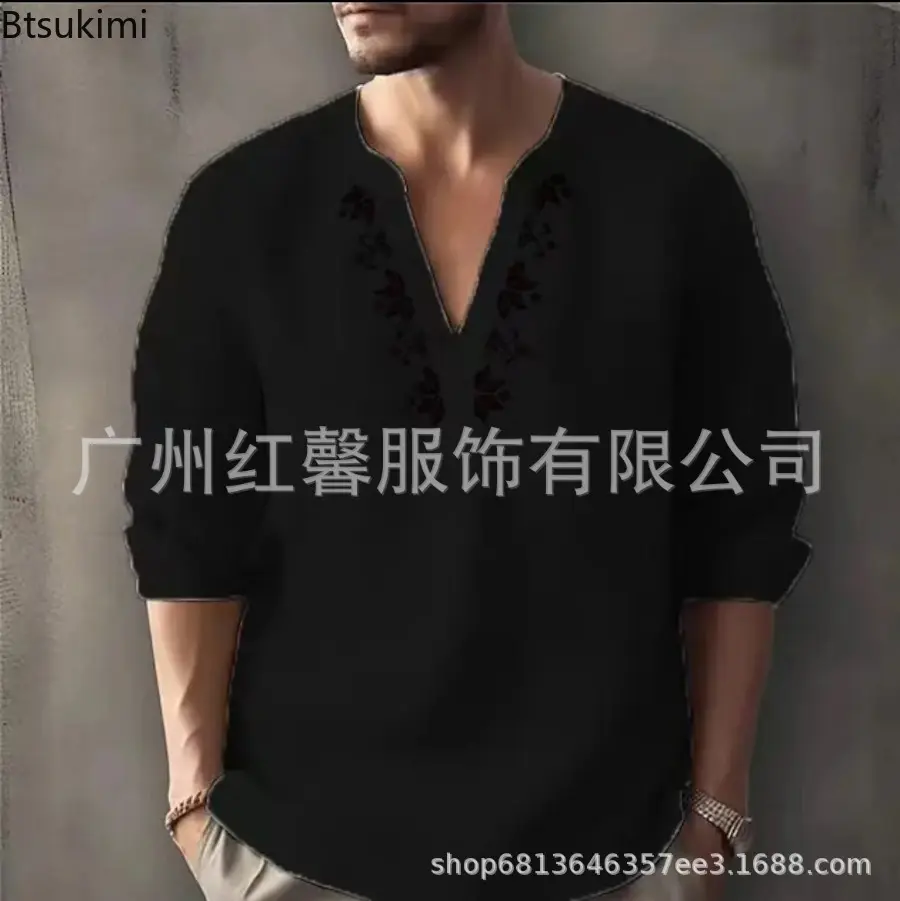 Fashion New Men's Stand Collar Long-sleeved Beach Shirts Breathable Cotton Linen Loose Casual Tops Vintage Print Pullovers Male