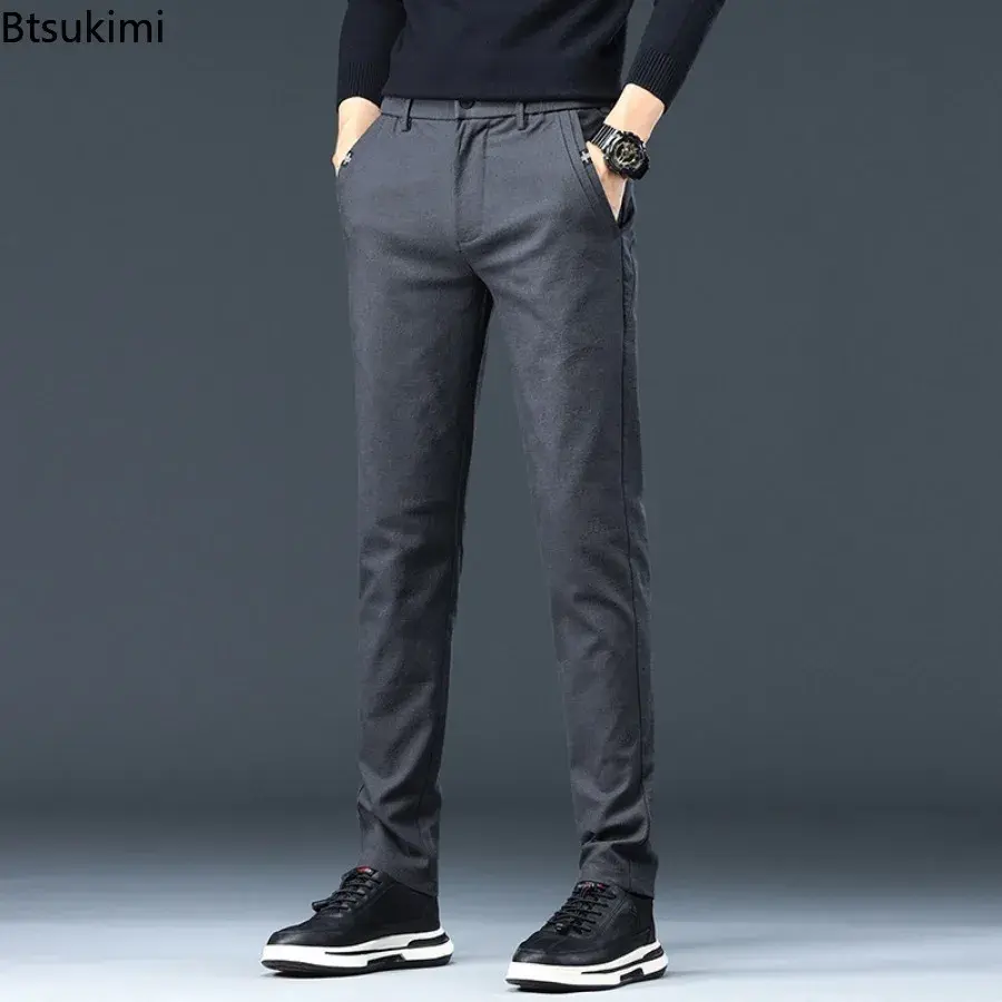 Fashion New Men's Solid Slim Casual Trousers Comfort Cotton Straight Leg Business Office Pants Elastic Waist Cargo Pants for Men