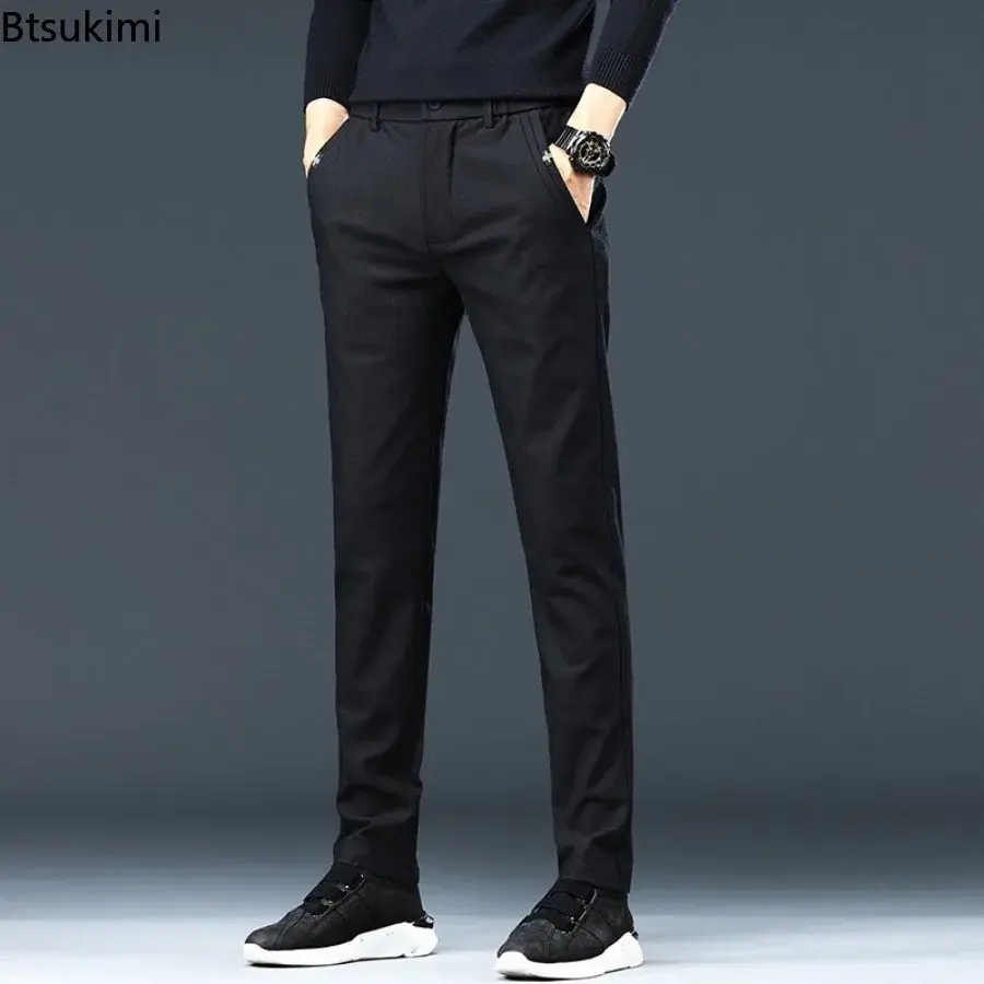 Fashion New Men's Solid Slim Casual Trousers Comfort Cotton Straight Leg Business Office Pants Elastic Waist Cargo Pants for Men