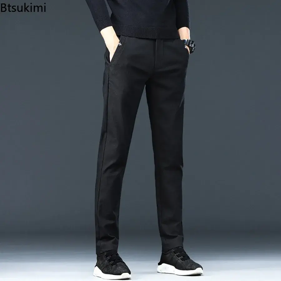 Fashion New Men's Solid Slim Casual Trousers Comfort Cotton Straight Leg Business Office Pants Elastic Waist Cargo Pants for Men