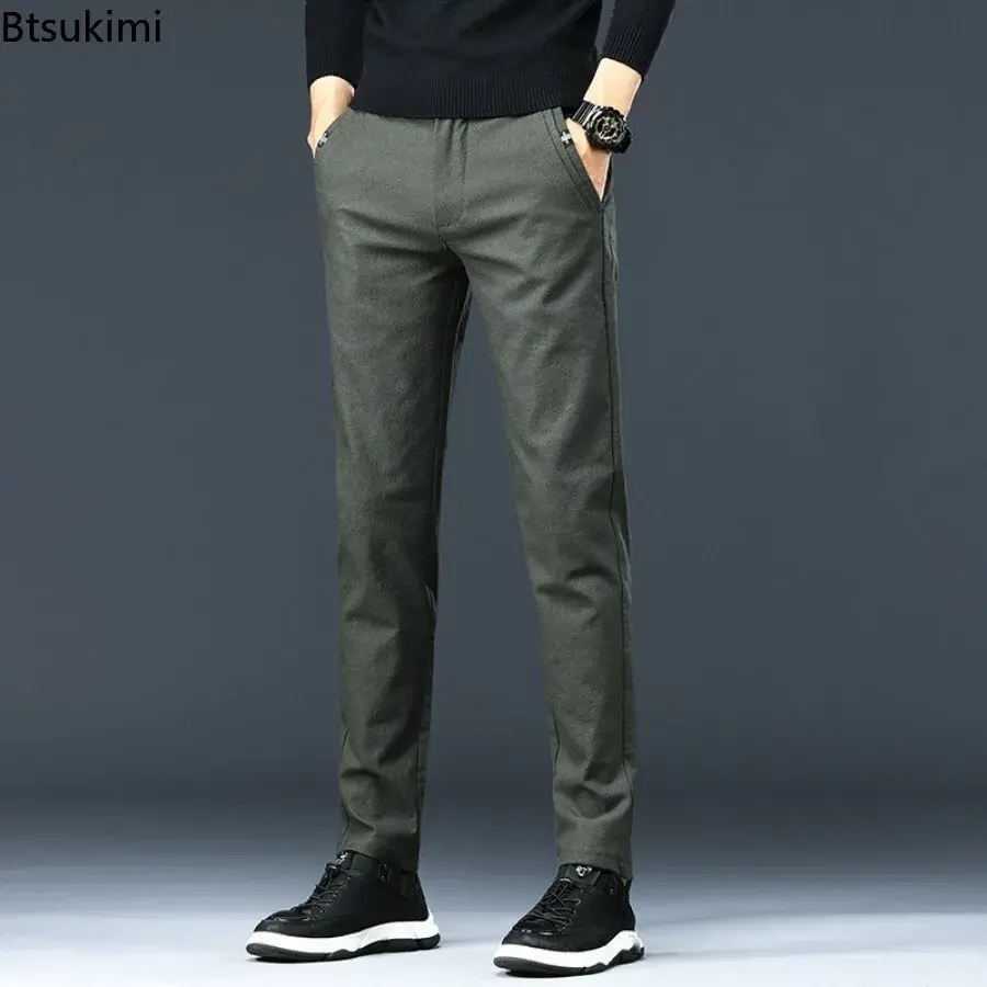 Fashion New Men's Solid Slim Casual Trousers Comfort Cotton Straight Leg Business Office Pants Elastic Waist Cargo Pants for Men
