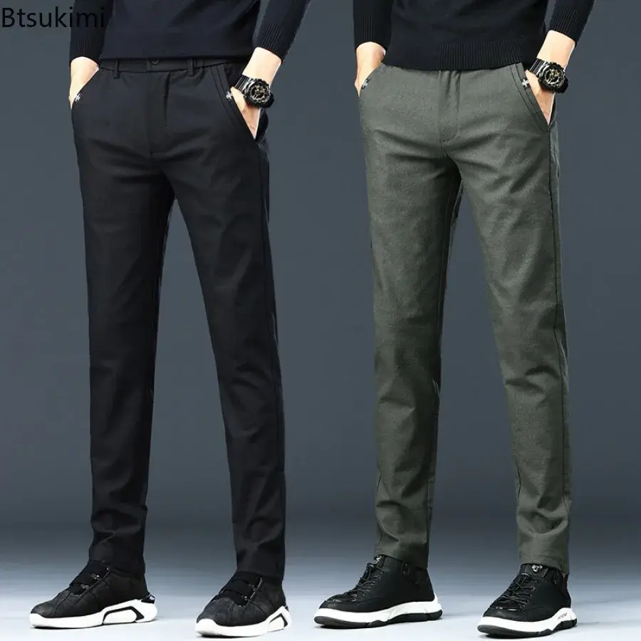 Fashion New Men's Solid Slim Casual Trousers Comfort Cotton Straight Leg Business Office Pants Elastic Waist Cargo Pants for Men