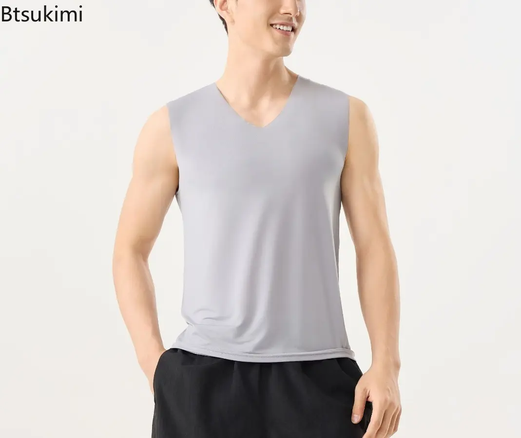 2025 Men's Vests Summer Ice Silk V Neck Sleeveless Solid Color Slim Seamless Fitness Tank Tops Breathable Quick Drying Underwear
