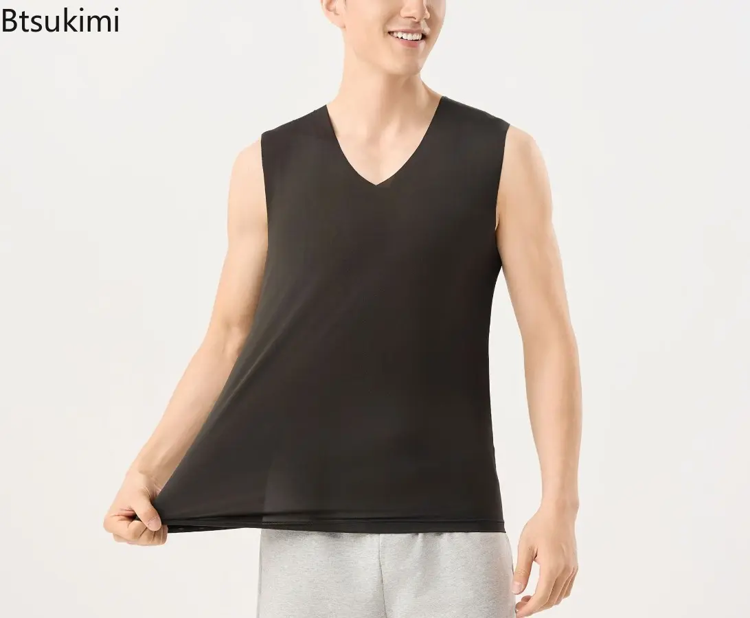 2025 Men's Vests Summer Ice Silk V Neck Sleeveless Solid Color Slim Seamless Fitness Tank Tops Breathable Quick Drying Underwear