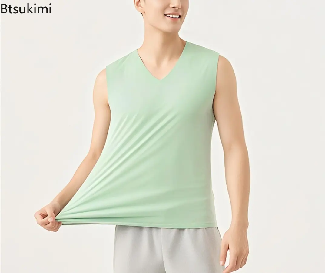 2025 Men's Vests Summer Ice Silk V Neck Sleeveless Solid Color Slim Seamless Fitness Tank Tops Breathable Quick Drying Underwear