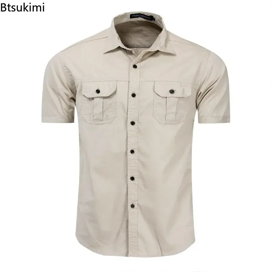 New 2025 Men's Military Short-sleeved Shirt Summer 100% Cotton Safari Style Outdoor Sport Cargo Shirts Men Work Shirt Plain Tops