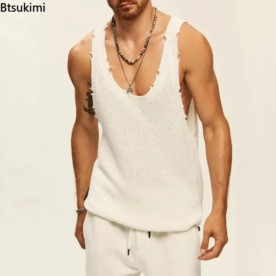 2025 Men's Summer Knitted Tank Tops Loose Casual Ripped Sleeveless Strap T-shirt Fashion New Solid Knit Tops Men Vest Streetwear