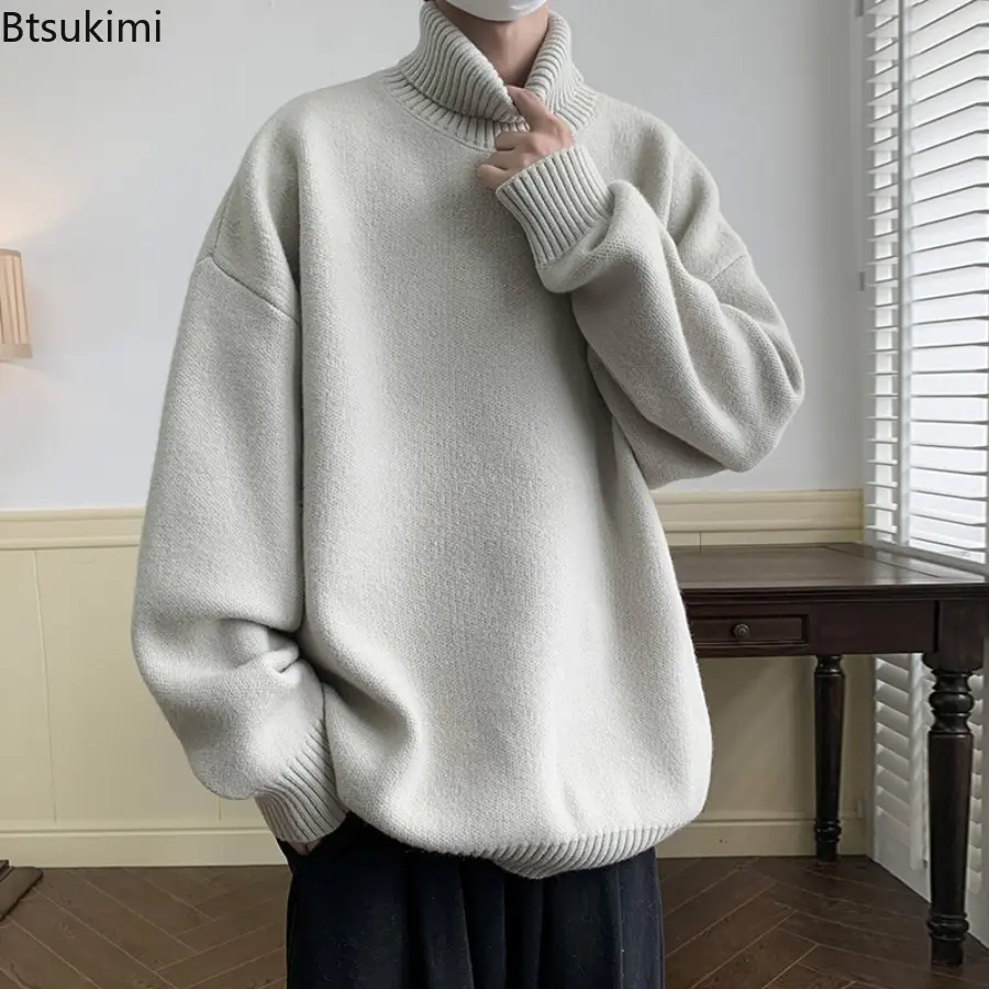 Mens Autumn Winter Loose Casual Turtleneck Sweater  Fashion Knitted Pullovers Men Solid Color Warm Harajuku Knitting Sweaters